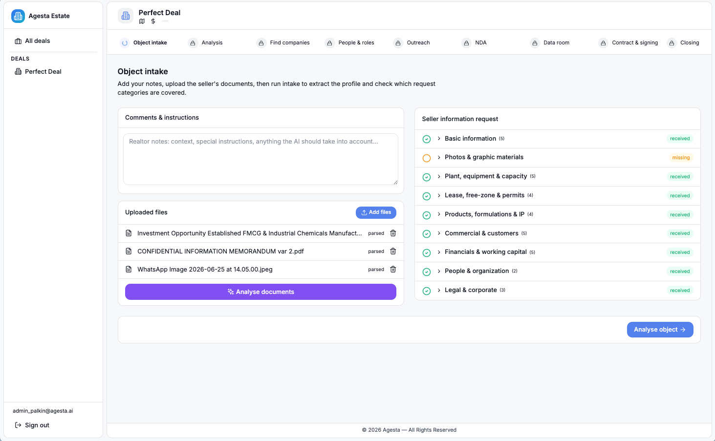 Agesta Estate — deal workspace (Object intake)